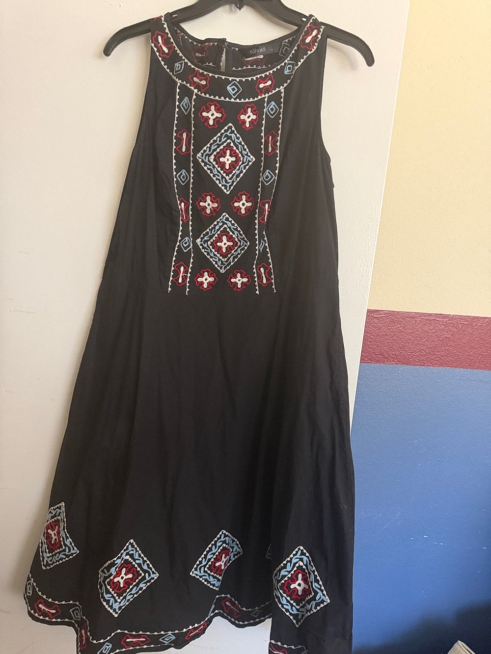eshakti Black Midi Dress with Red & Blue Embroidery